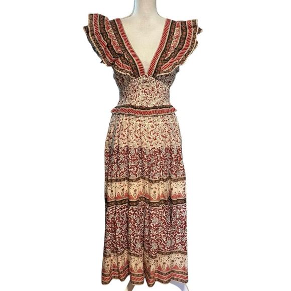 Sea New York Size 4 Ivette Flutter Sleeve Smocked Midi Dress Floral Indie Boho - Picture 3 of 7